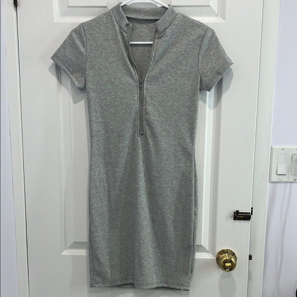 Gray Zip-Up Casual Dress